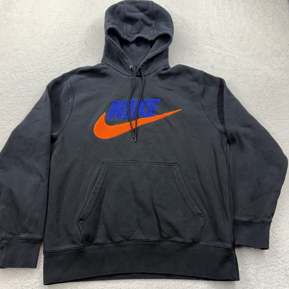 Nike Men M Black Orange Blue Logo Hoodie Sweatshirt Pullover Basic Comfort